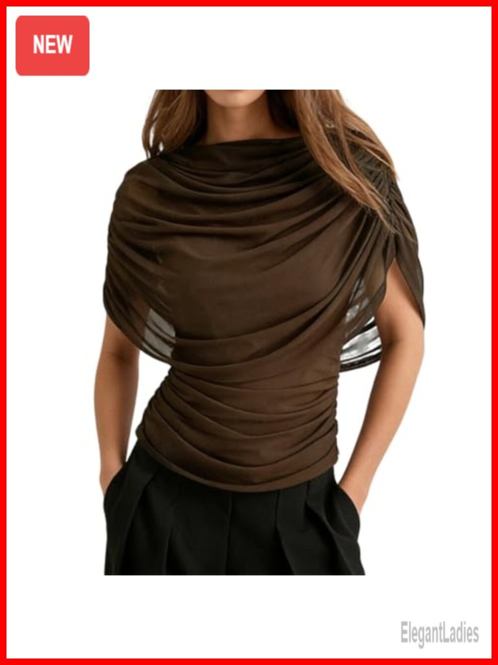 Women Cape Sleeve Mesh Panel Ruched Waist Slim Fit Boat Neck Pullover Top